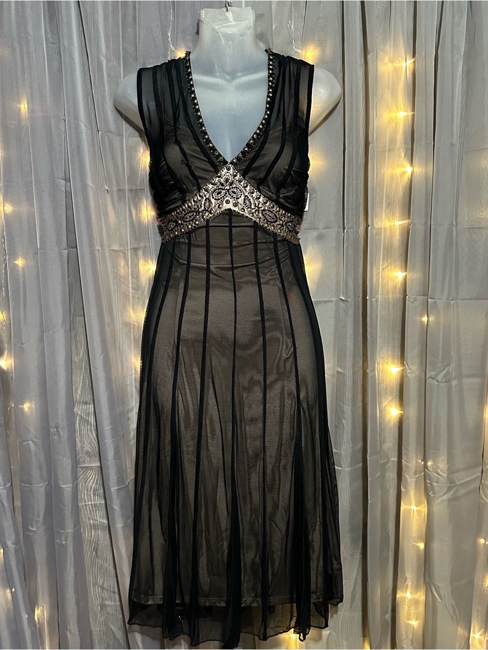2000s Y2K Mix It studded/beaded bust black nylon layered dress Sz 8 - Picture 2 of 8
